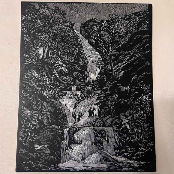 Vintage Landscape Waterfall Etching Framed 9x11 EUC Etched Art Picture - Picture 2 of 6
